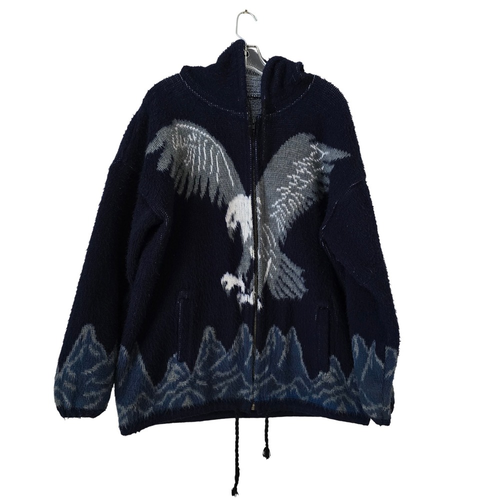Ruminahui Wool Zip Up Hooded Sweater Eagle Intarsia Knit‎ Navy Blue Ecuador Mens